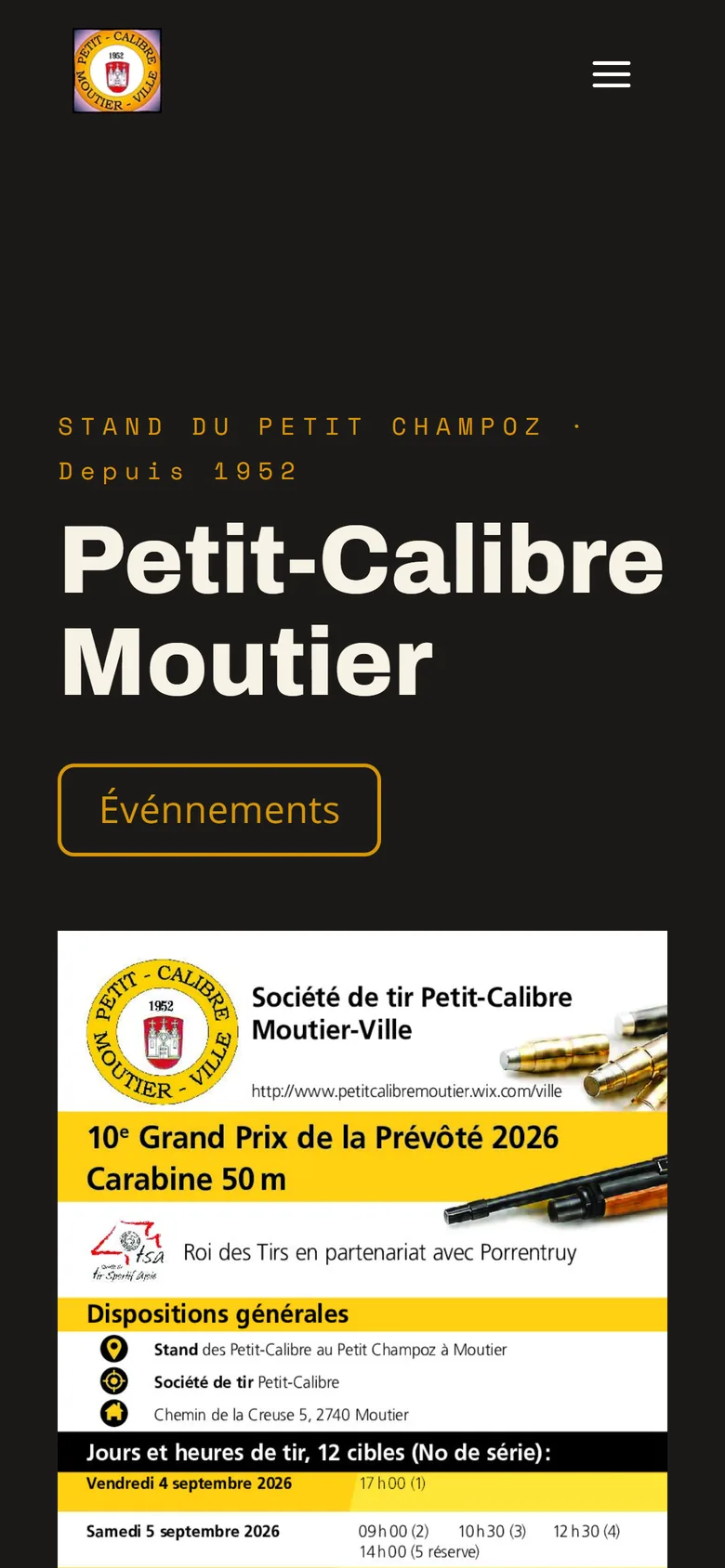 Page d'accueil du site de la société de tir Petit-Calibre Moutier sur téléphone : logo, menu, titre, bouton vers les événements et début de l'affiche du Grand Prix de la Prévôté 2026